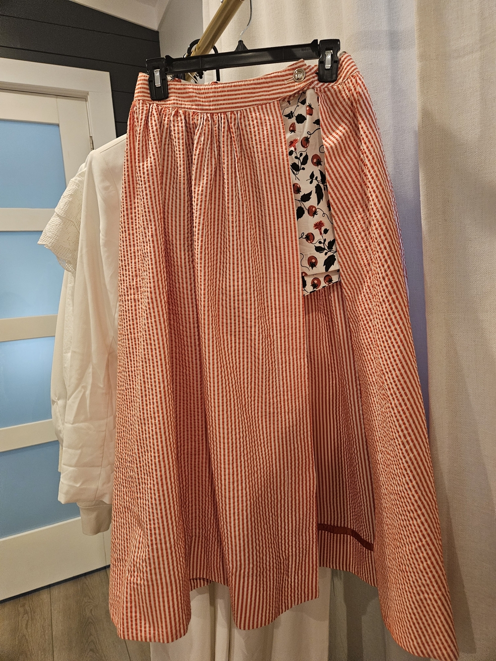 Maeve Coral-and-White Striped Full Skirt with Floral Tie